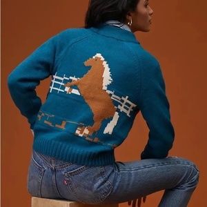 Anthropologie TINY Horse Equine Zip Front Cardigan Sweater Equestrian Derby ~ XL
